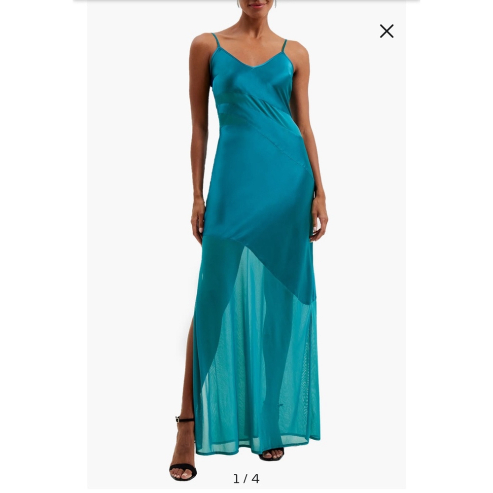 Teal Slip Maxi Dress with Sheer Panel